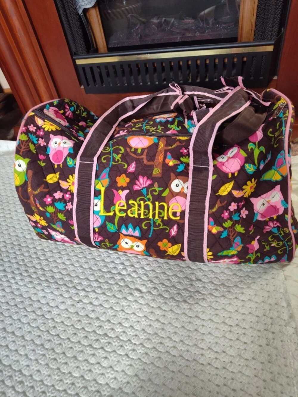 N.Gil Quilted Duffle Bag Owl & Flower w/ Personalized Name Leannne 21x11x11"